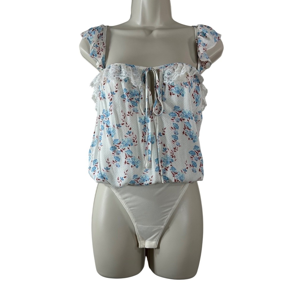 Intimately Free People Floral Lace Ruffle Bodysuit Cream Blue XS Romantic Boho